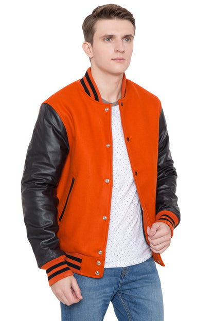 Black Leather Sleeves Orange Wool Varsity Jacket