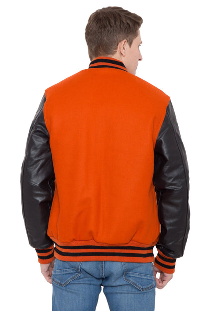 Black Leather Sleeves Orange Wool Varsity Jacket