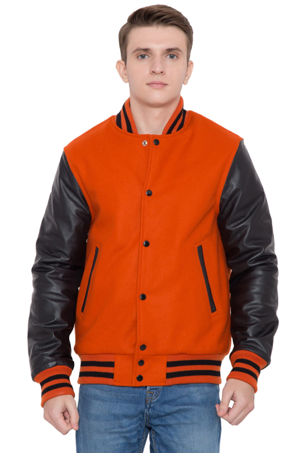 Black Leather Sleeves Orange Wool Varsity Jacket