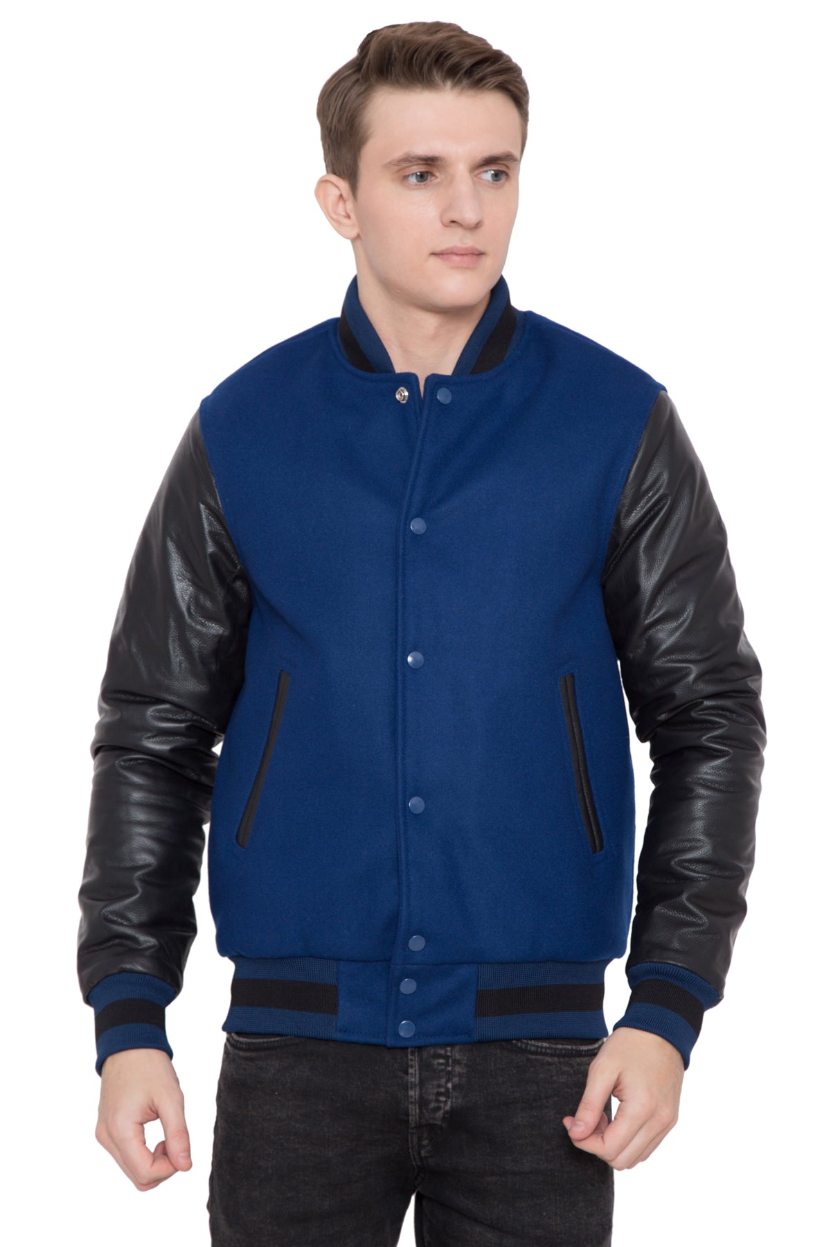 BLACK LEATHER SLEEVES & ROYAL BLUE WOOL BODY VARSITY JACKET