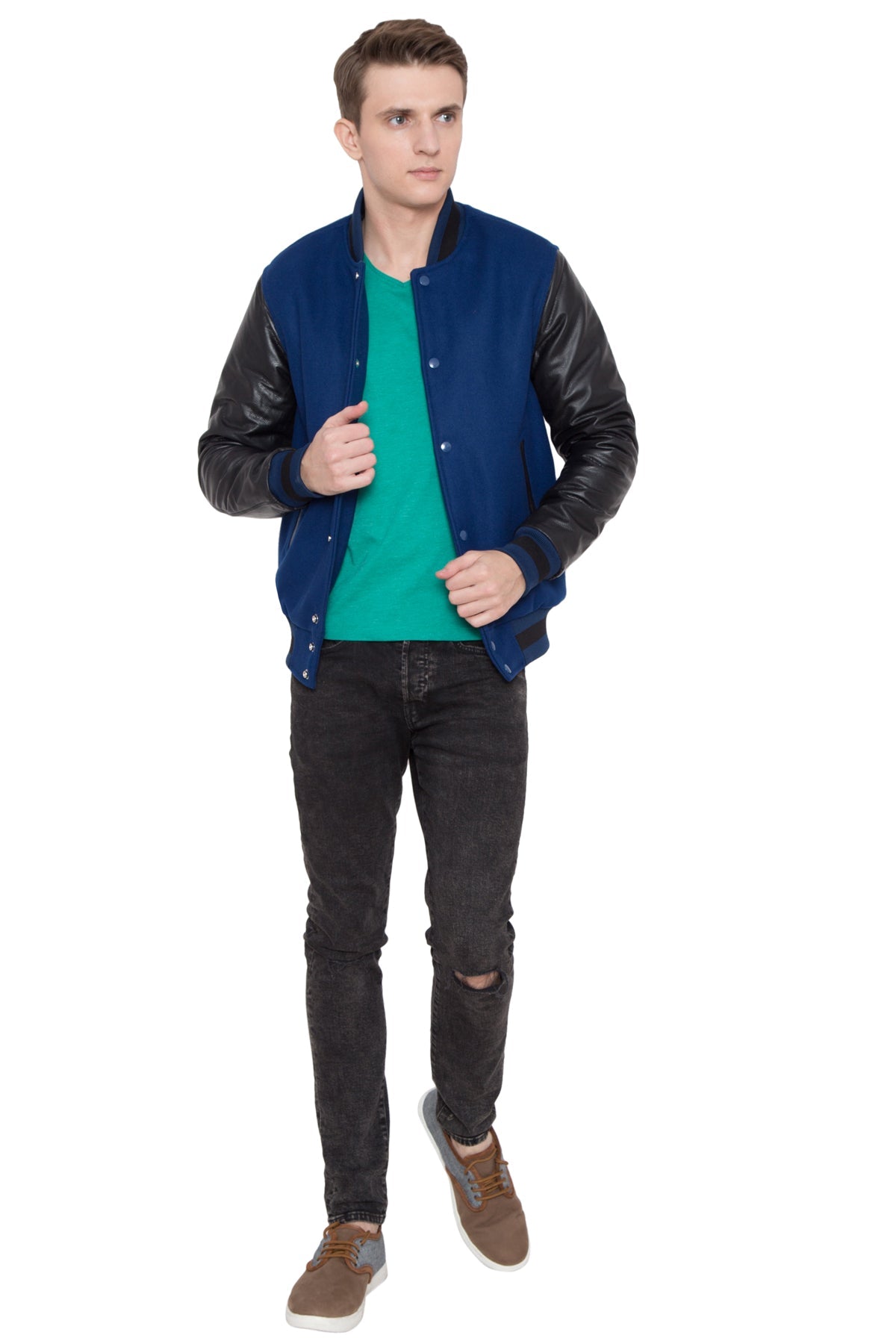 BLACK LEATHER SLEEVES & ROYAL BLUE WOOL BODY VARSITY JACKET