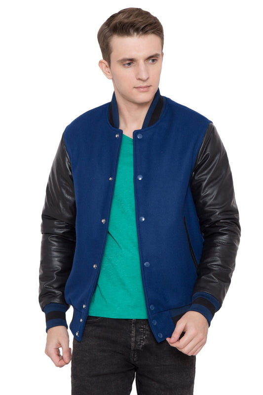 BLACK LEATHER SLEEVES & ROYAL BLUE WOOL BODY VARSITY JACKET