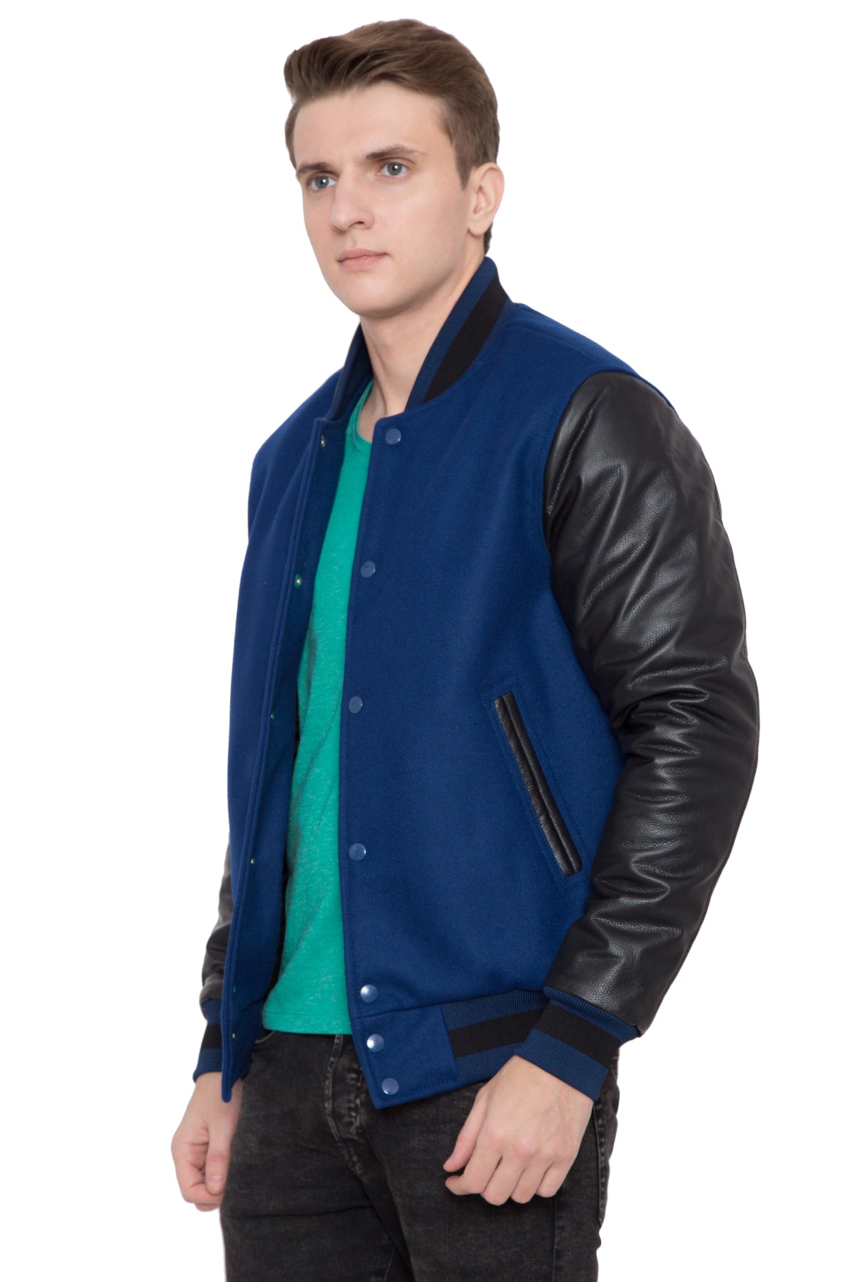 BLACK LEATHER SLEEVES & ROYAL BLUE WOOL BODY VARSITY JACKET