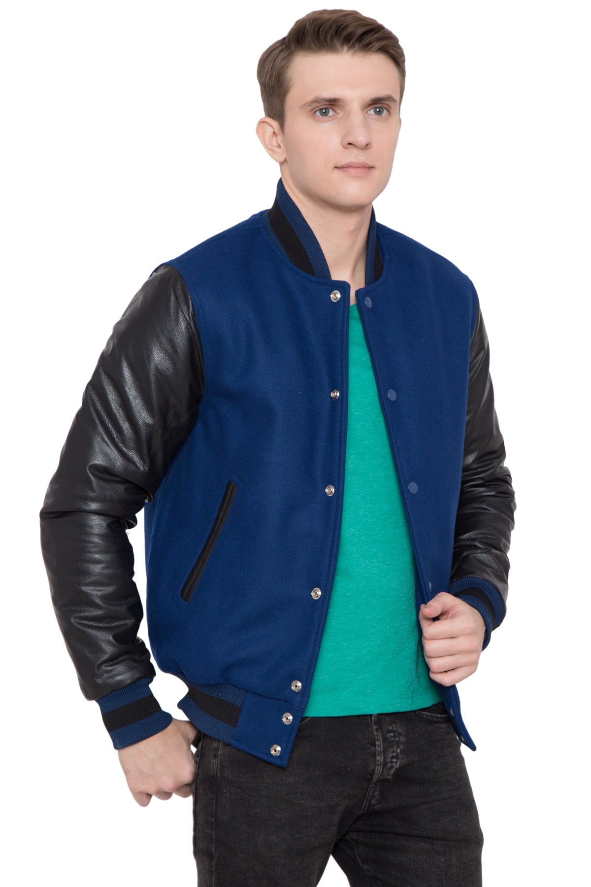 BLACK LEATHER SLEEVES & ROYAL BLUE WOOL BODY VARSITY JACKET