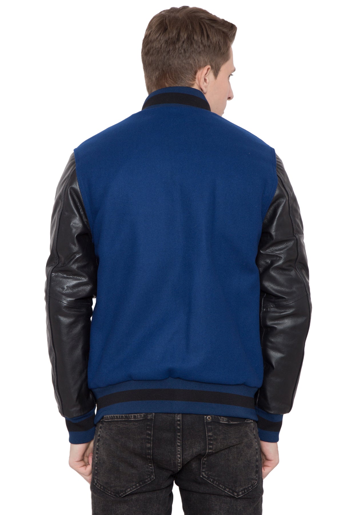 BLACK LEATHER SLEEVES & ROYAL BLUE WOOL BODY VARSITY JACKET