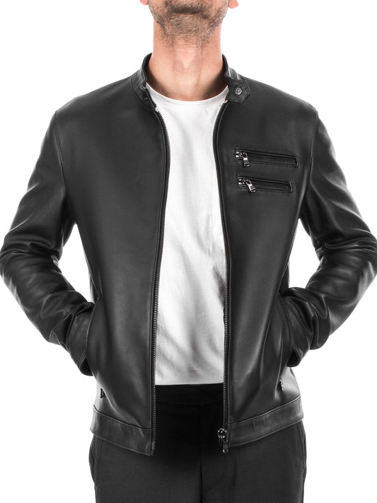 Italian Black Slim fit Men leather jacket