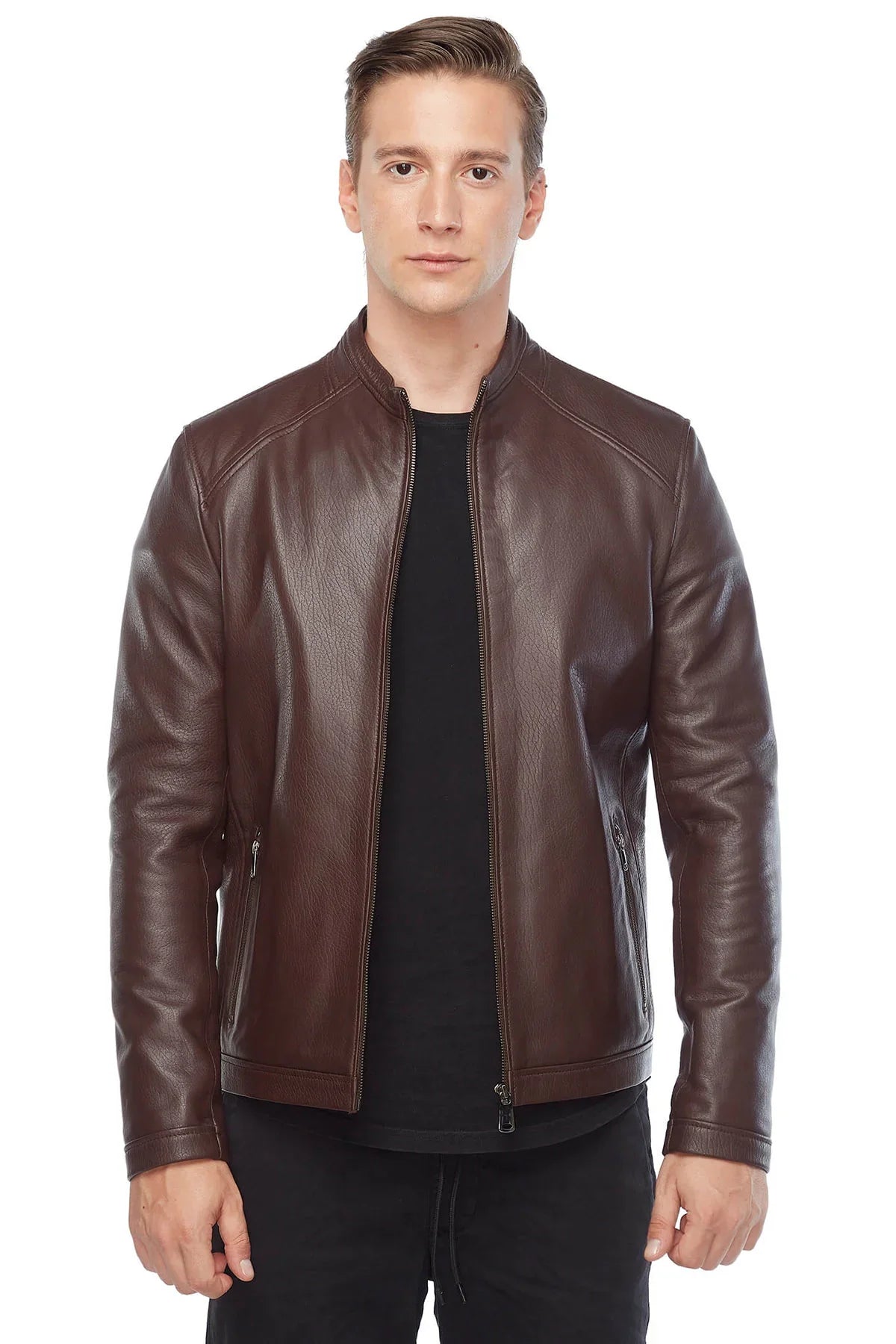 Plain Brown Leather Fashion Biker Jacket