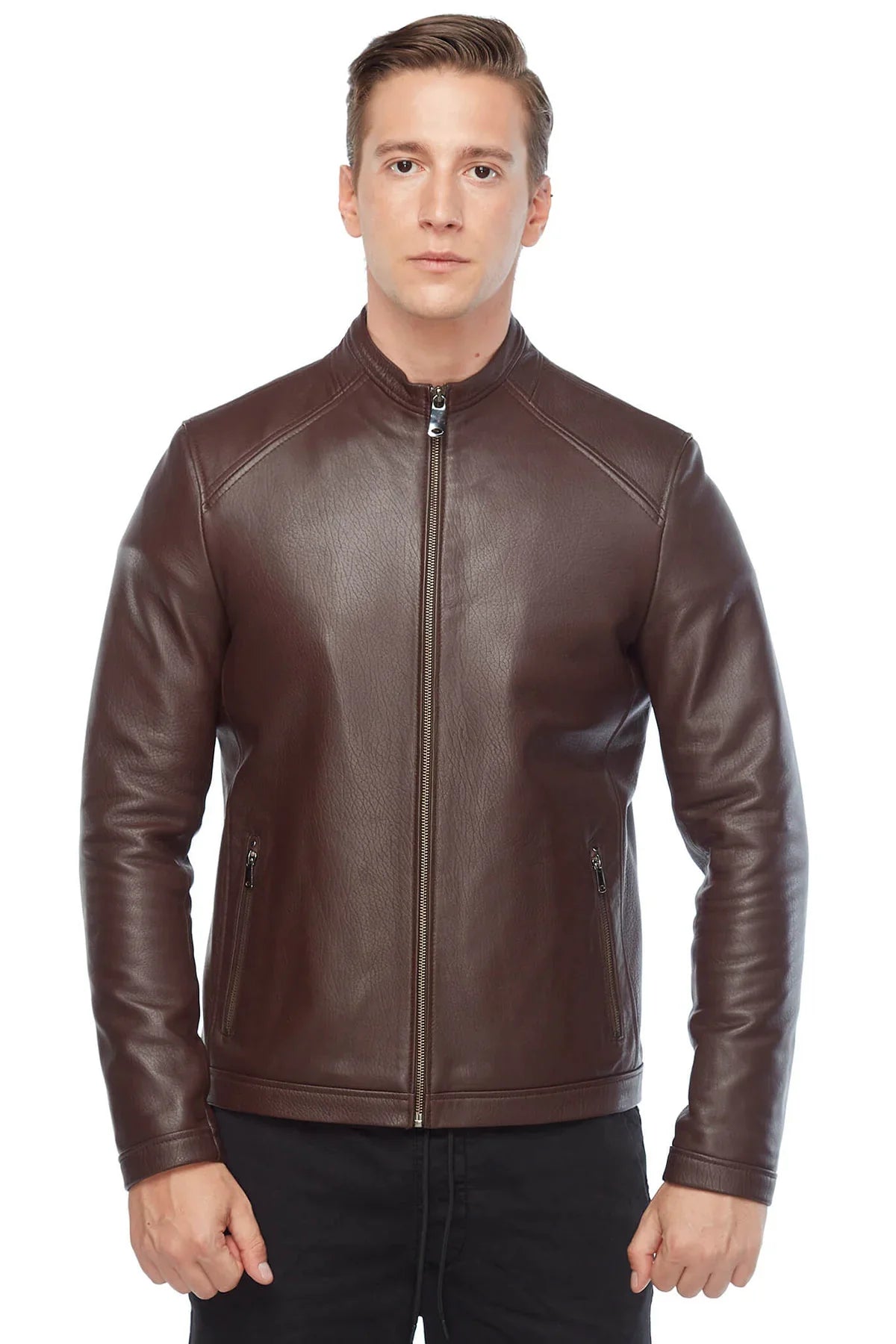 Plain Brown Leather Fashion Biker Jacket