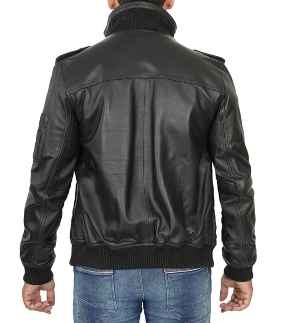 Black Bomber Leather Jacket For Mens