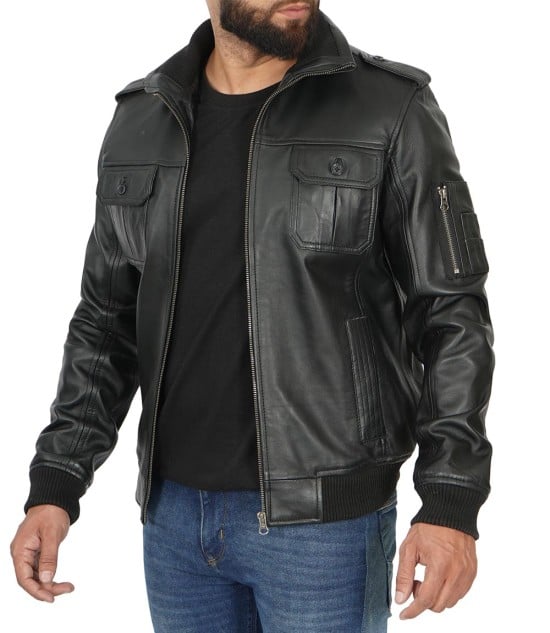 Black Bomber Leather Jacket For Mens