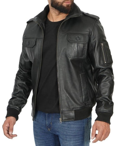 Black Bomber Leather Jacket For Mens