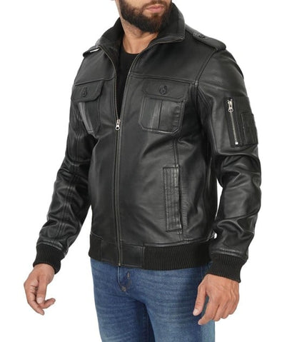 Black Bomber Leather Jacket For Mens