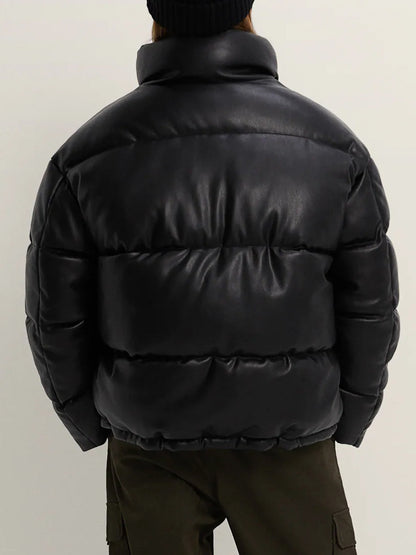 Mens Faux Leather Puffer Jacket