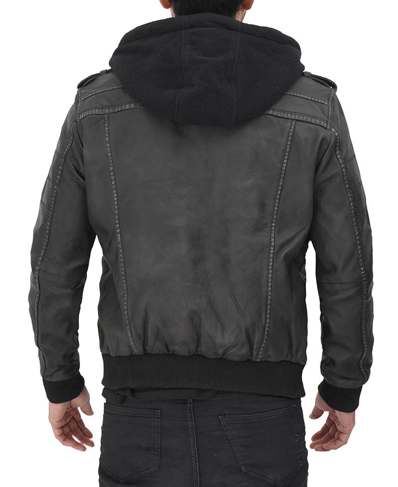 Mens Leather Bomber Jacket With Removable Hood