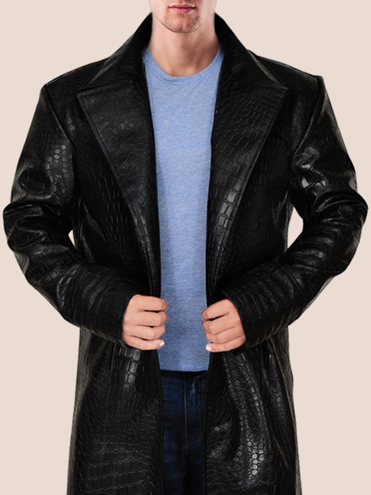 Men Alligator Textured Black Faux Leather Coat