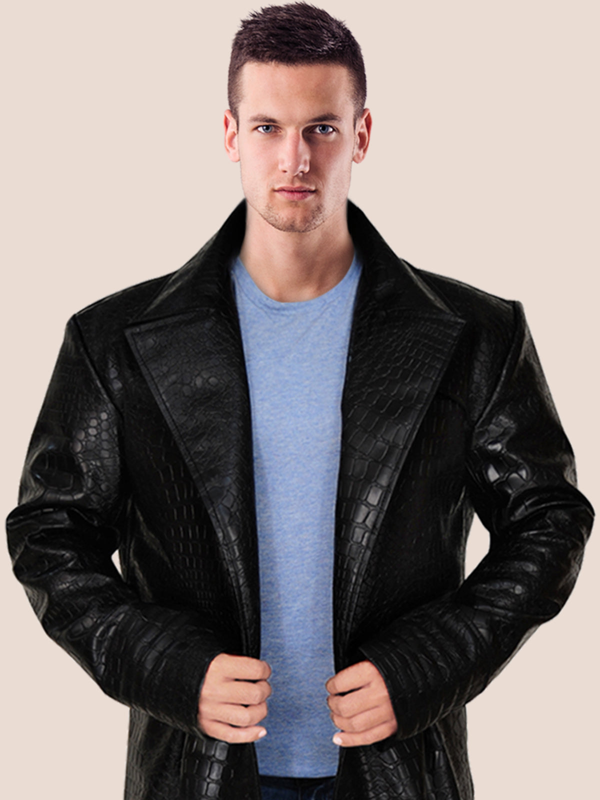 Men Alligator Textured Black Faux Leather Coat