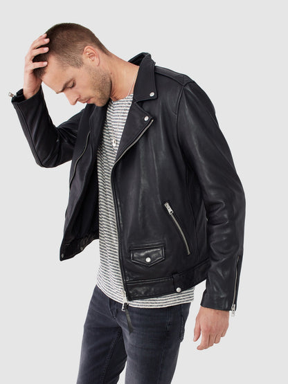 Mens Black Leather Hem Cuffs Biker Jacket