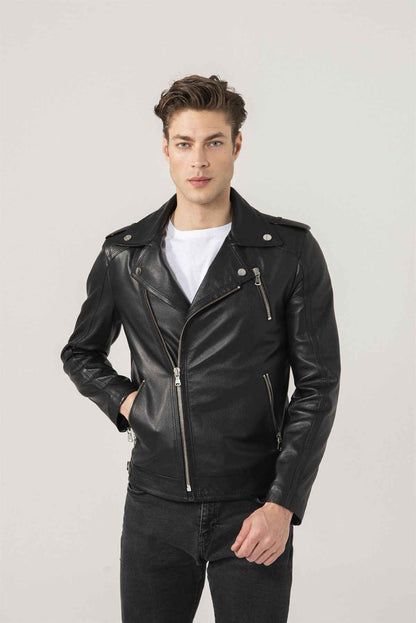 Men Black Asymmetric Lined Leather Jacket – Frozva