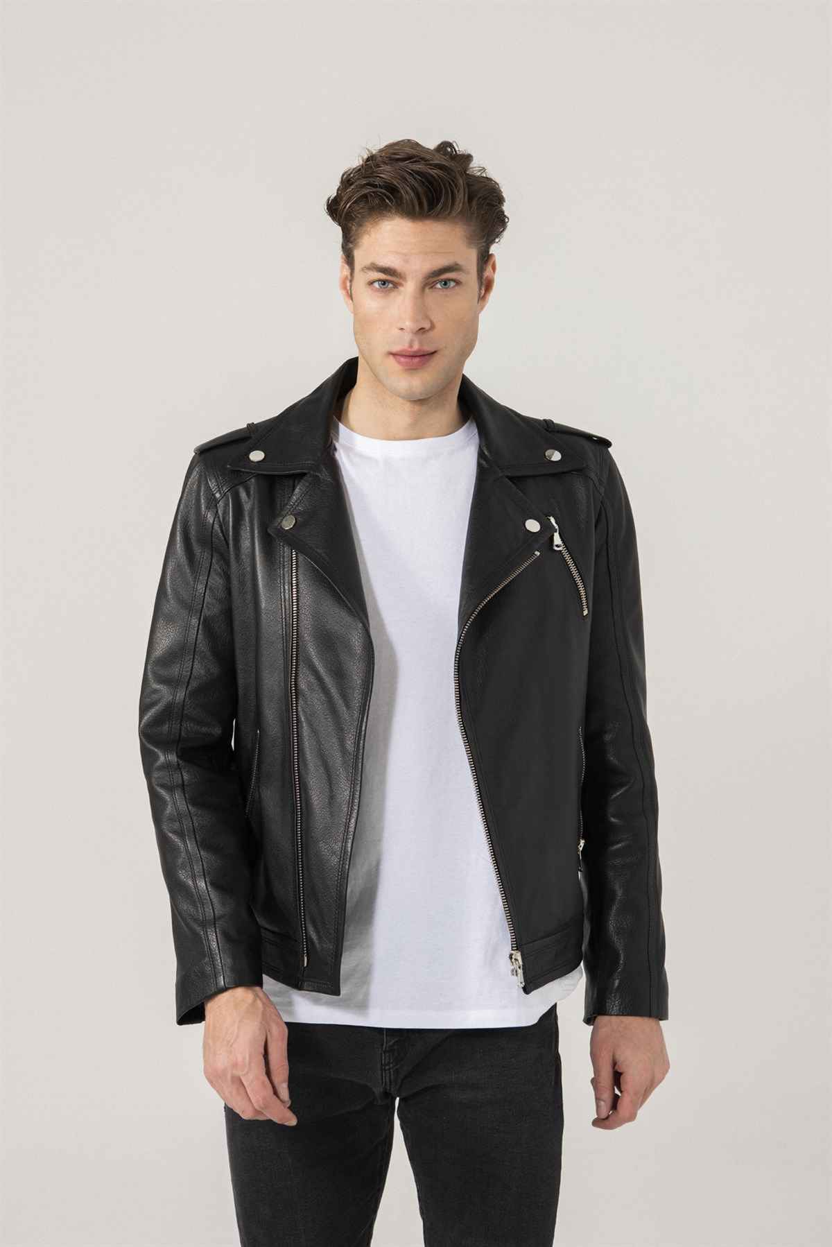 Men Black Asymmetric Lined Leather Jacket – Frozva