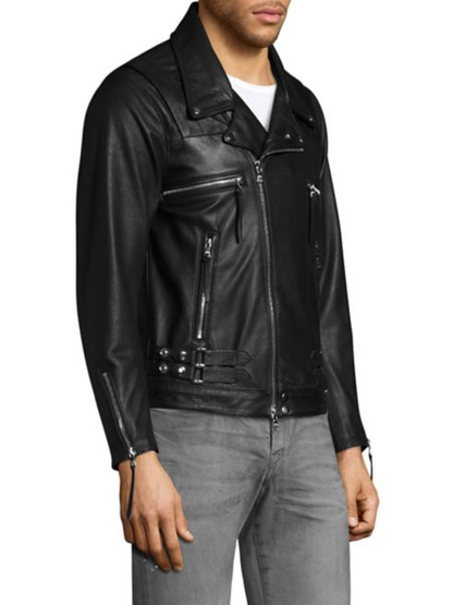 Men Black Biker Zipper Leather Jacket