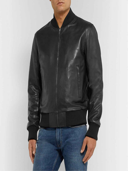 Men Black Bomber Leather Jacket - Frozva