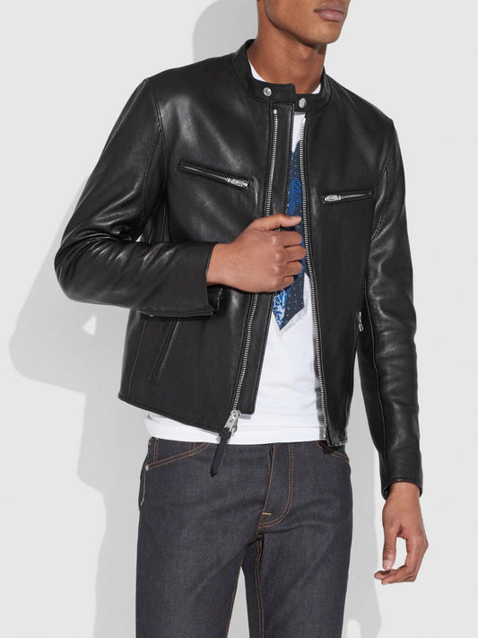 Men Black Cafe Racer Biker Jacket - Frozva