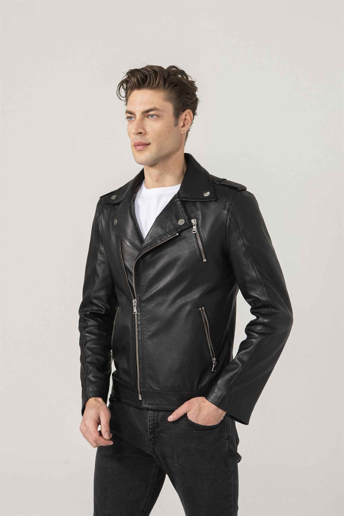 Men Black Asymmetric Lined Leather Jacket – Frozva