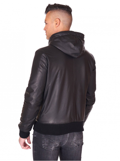 Men Black Lambskin Leather Biker Hooded Collar Jacket