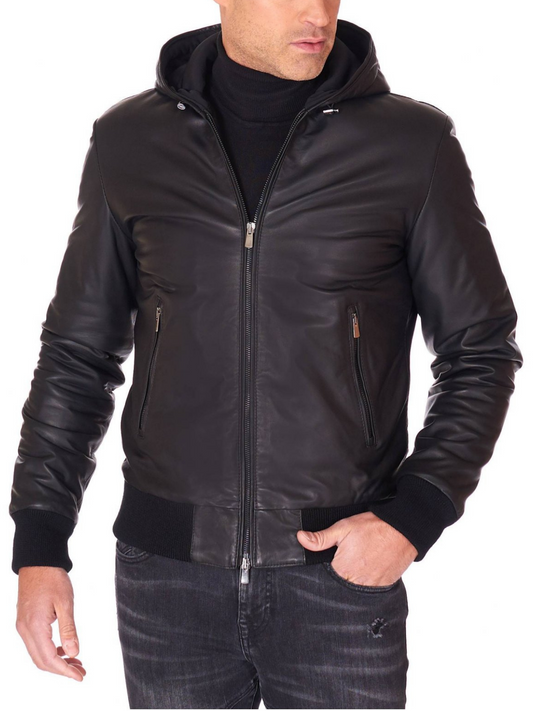 Men Black Lambskin Leather Biker Hooded Collar Jacket