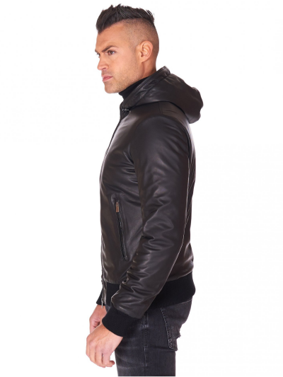 Men Black Lambskin Leather Biker Hooded Collar Jacket