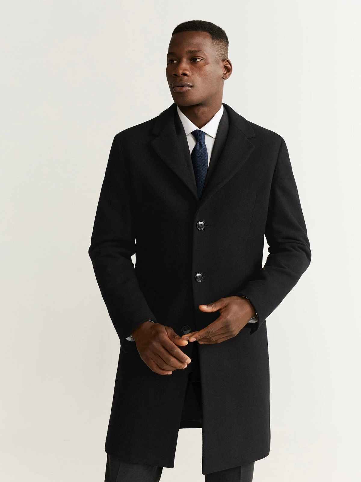 Men Black Lapel Wool Coat - Frozva.com