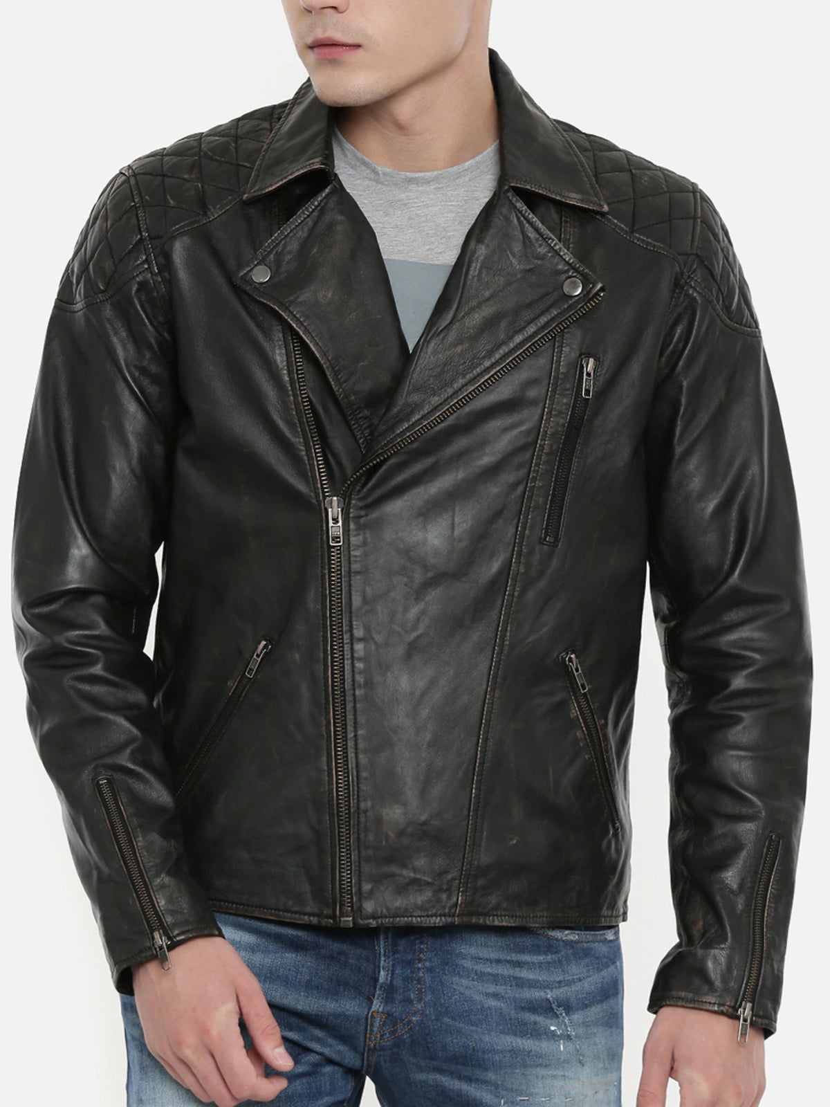 Men Black Solid Leather Jacket