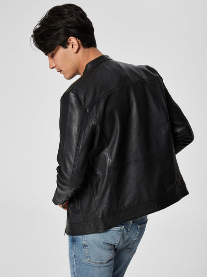 Men Black Moto Notch Collar Leather Jacket - Frozva.com