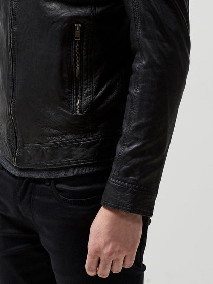 Men Black Moto Notch Collar Leather Jacket - Frozva.com