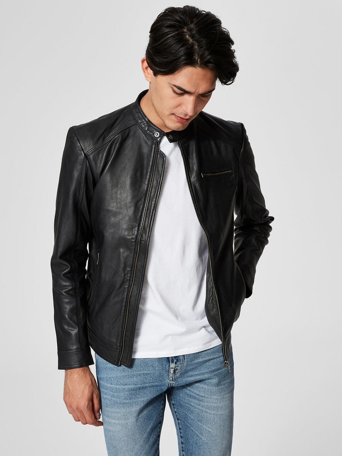 Men Black Moto Notch Collar Leather Jacket - Frozva.com