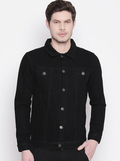 Men Black Solid Denim Jacket