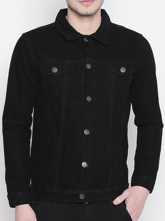 Men Black Solid Denim Jacket