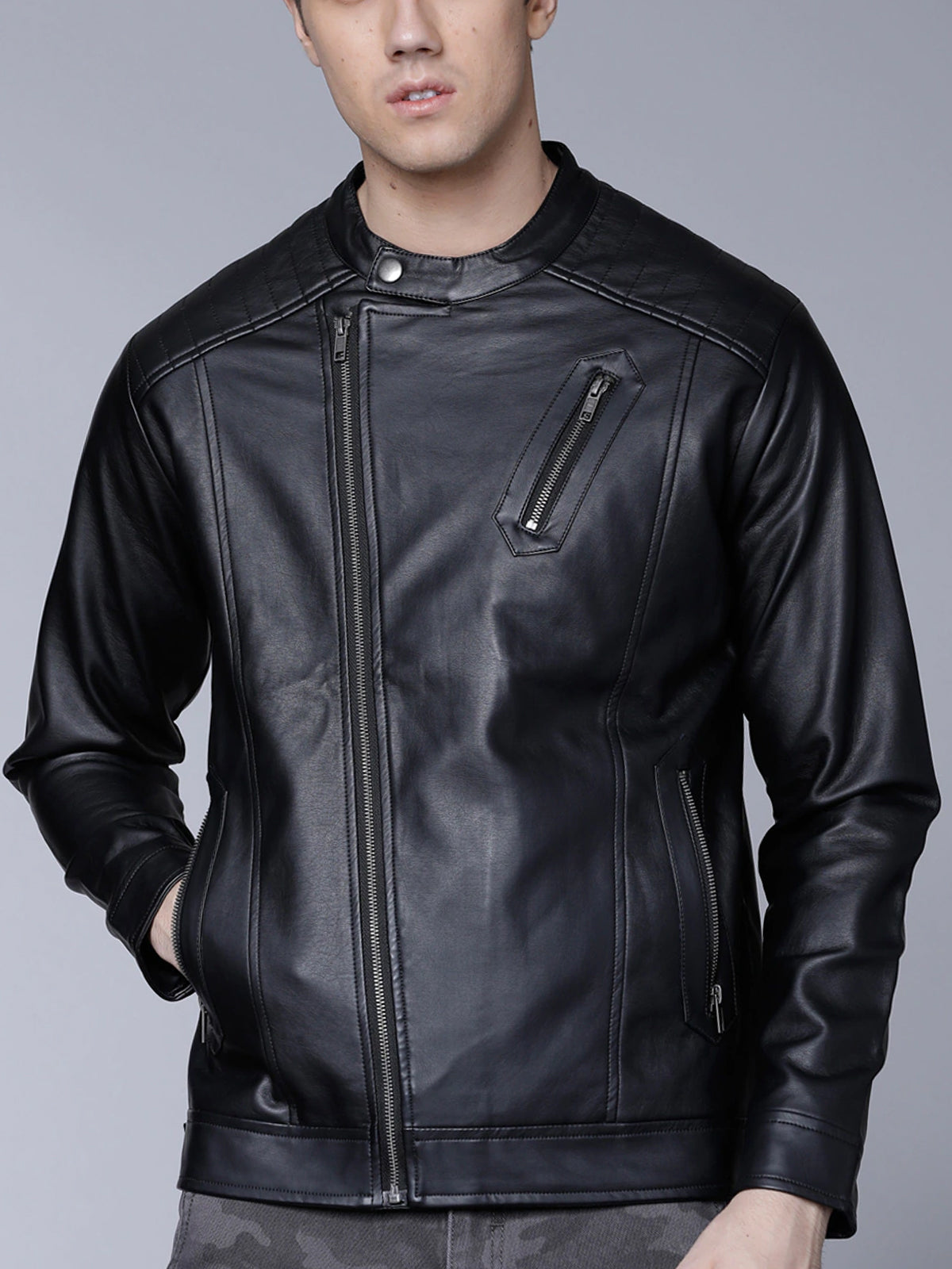 Men Black Solid Biker Jacket