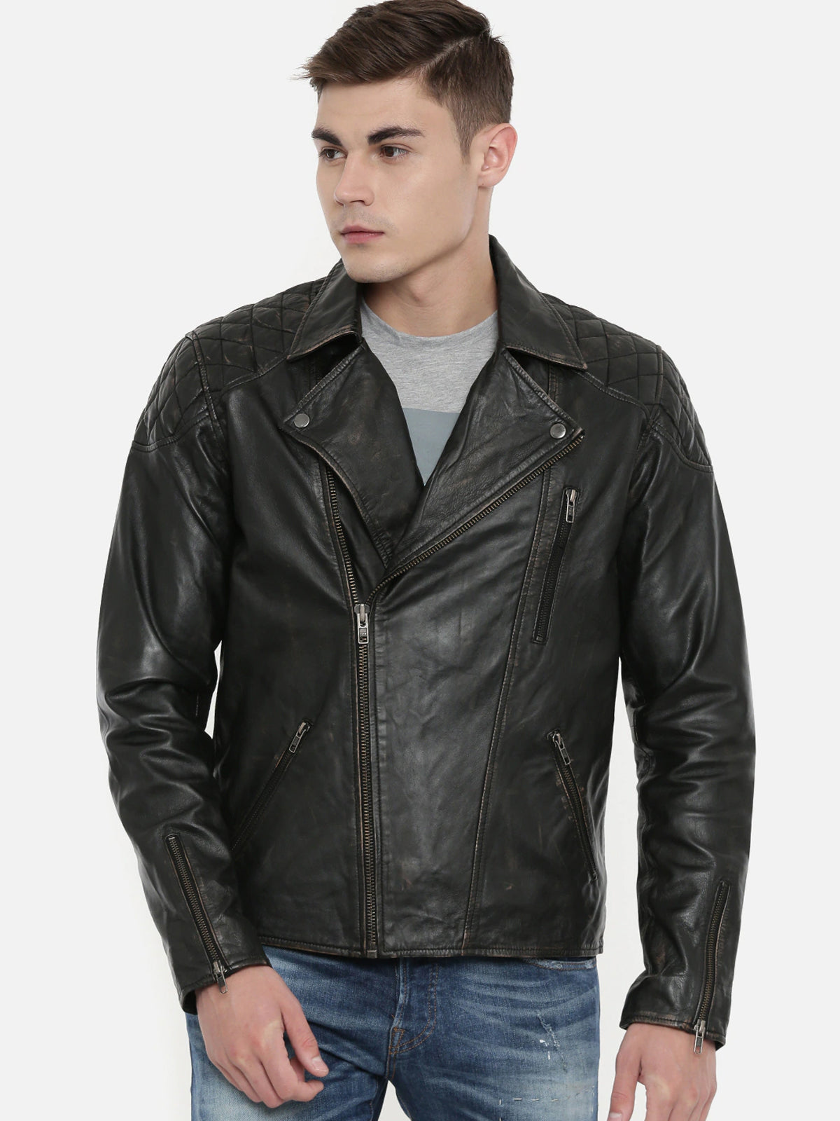 Men Black Solid Leather Jacket