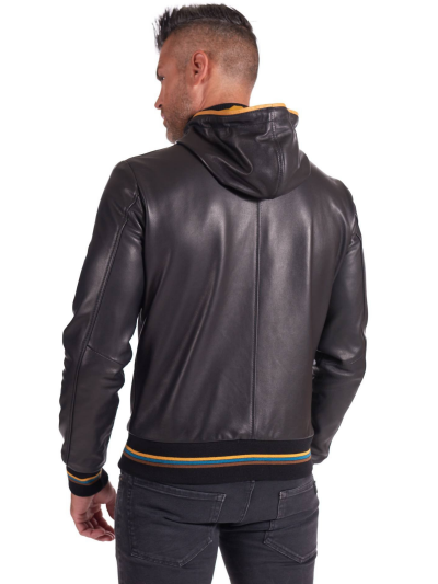 Men Black And Yellow Lambskin Leather Biker Hooded Collar Jacket