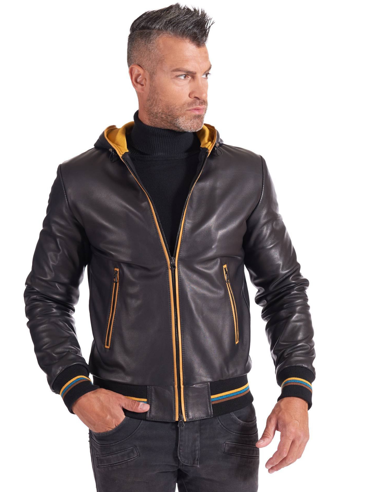 Black and Yellow Men real Leather biker hooded collar Jacket - Frozva