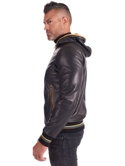 Men Black And Yellow Lambskin Leather Biker Hooded Collar Jacket