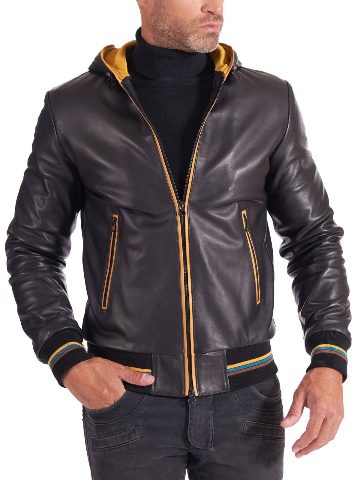 Black and Yellow Men real Leather biker hooded collar Jacket - Frozva