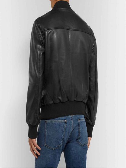 Men Black Bomber Leather Jacket - Frozva