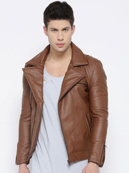 Men Brown Solid Asymmetric Closure Biker Jacket