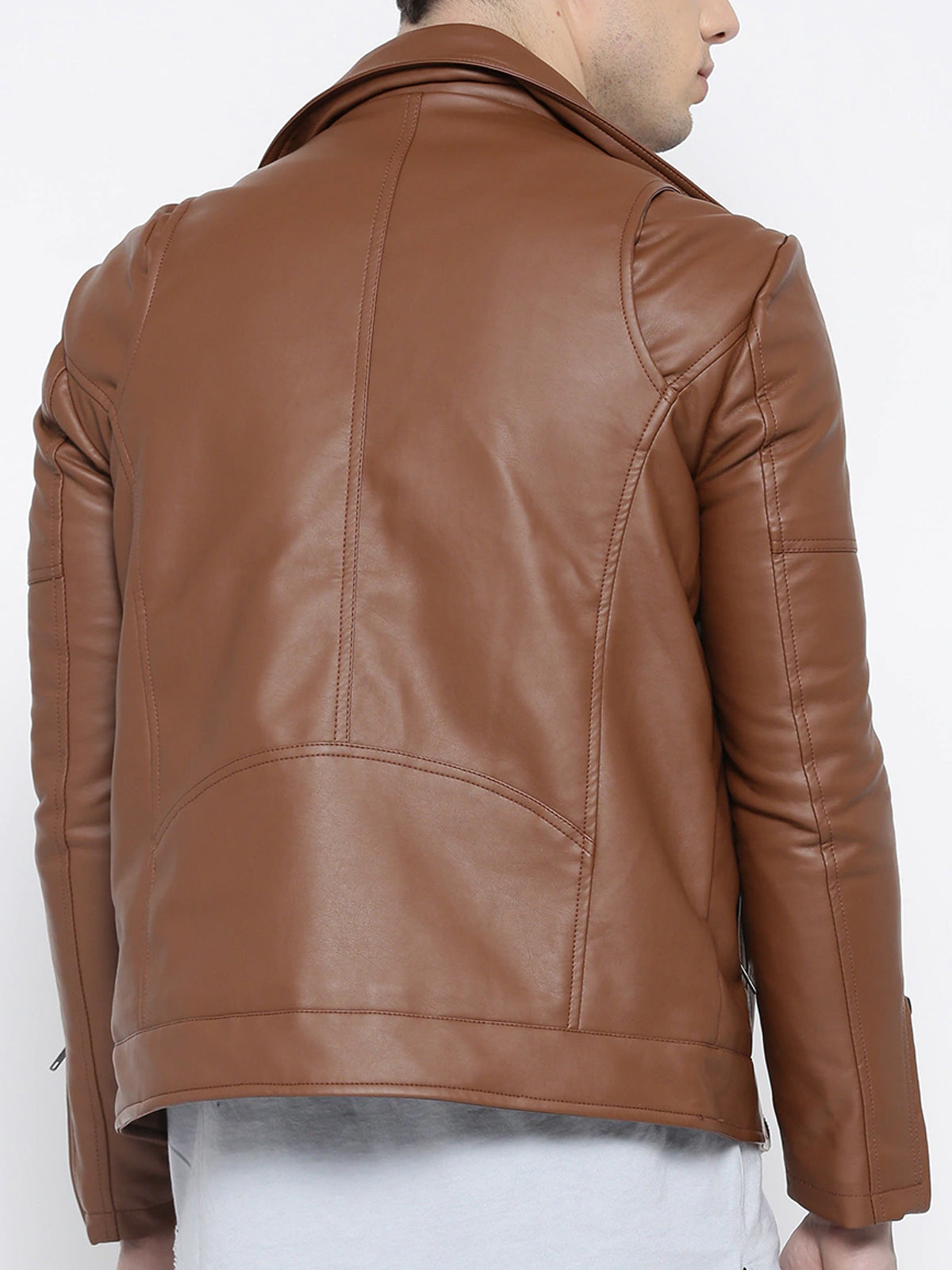 Men Brown Solid Asymmetric Closure Biker Jacket