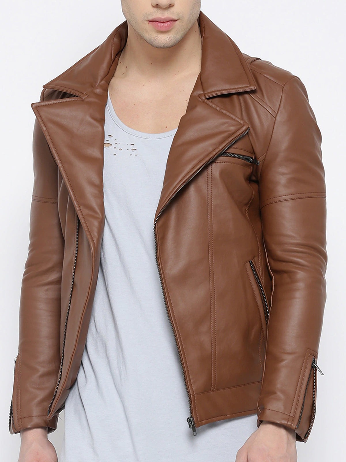 Men Brown Solid Asymmetric Closure Biker Jacket