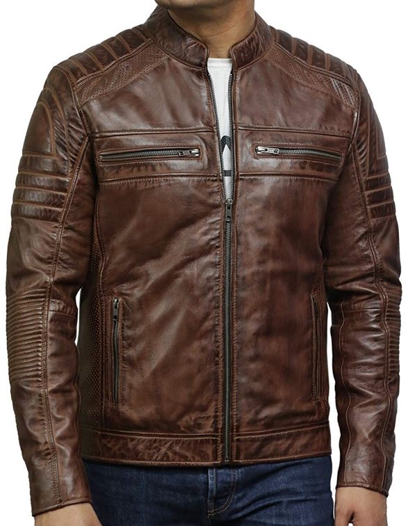 Men's Vintage Distressed Brown Quilted Leather Jacket