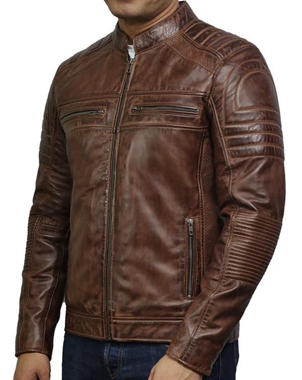 Men's Vintage Distressed Brown Quilted Leather Jacket