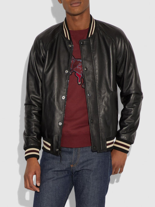 Men College Black Bomber Leather Varsity Jacket- Frozva